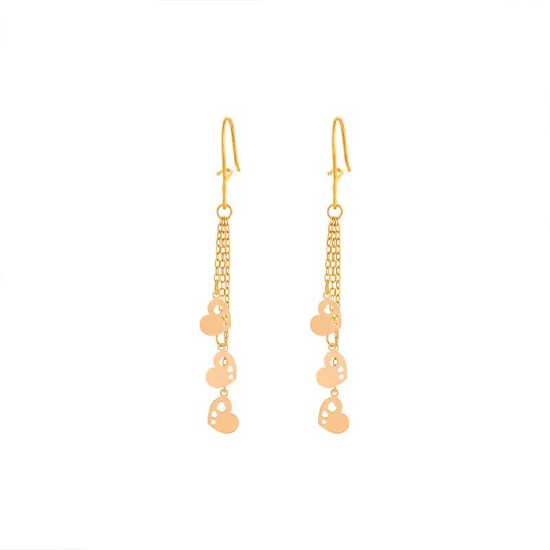 گوشواره طلا 18 عیار زنانه قو طلایی طرح سه قلب آویزی گوشواره طلا 18 عیار زنانه قو طلایی طرح سه قلب آویزی